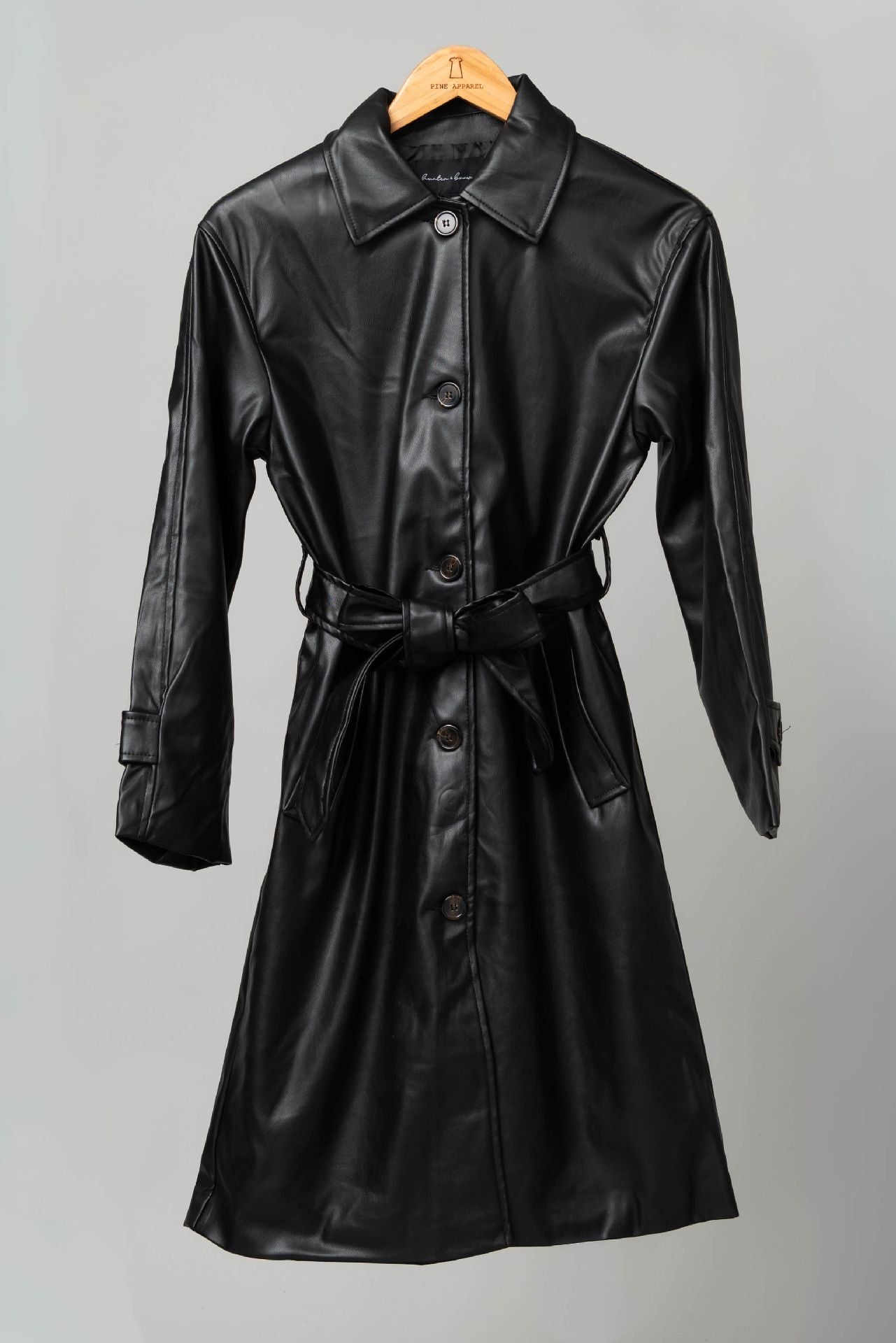 Vegan Leather Self Sash Trench Coat