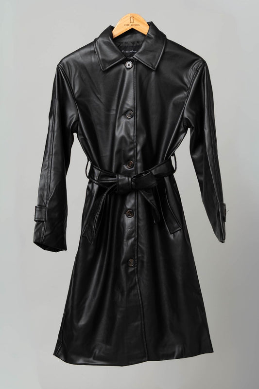 Vegan Leather Self Sash Trench Coat